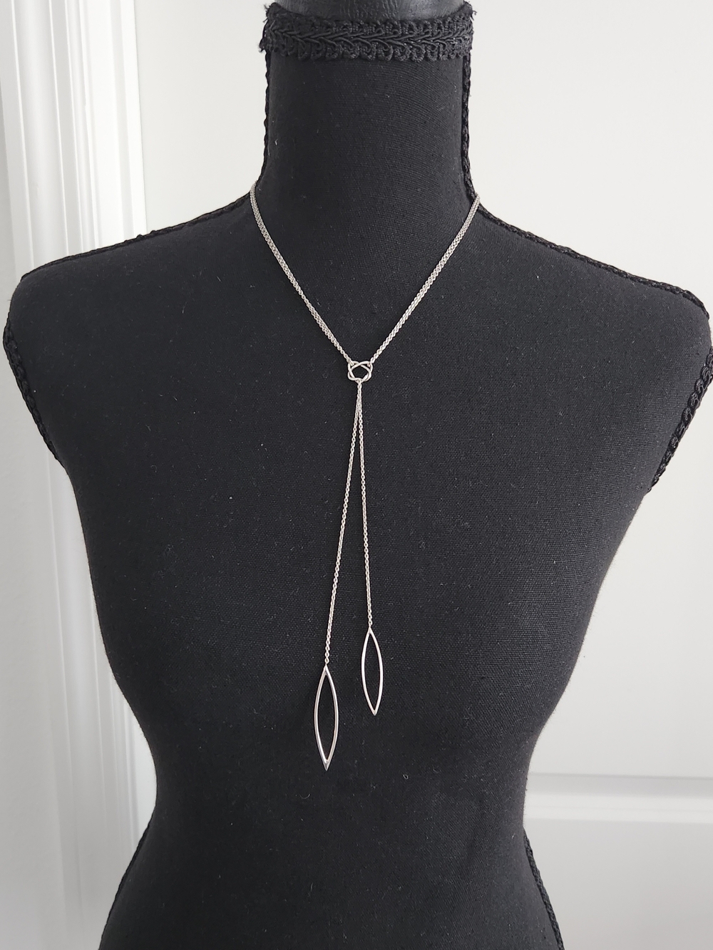 Elegant Silver Lariat Necklace w/ Double Open Marquise Drops
